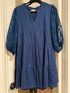 Umgee Navy Blue Tiered Mini Dress with Sheer Embroidered Puff Sleeves